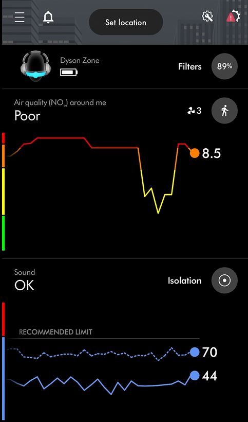 Screenshot of high pollution and noise in the MyDyson app